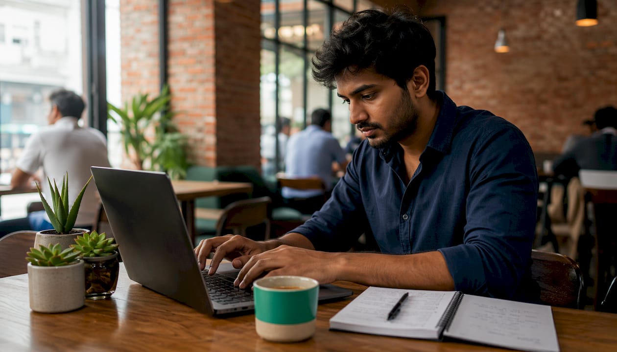 Man coding beginner SQL queries at home desk