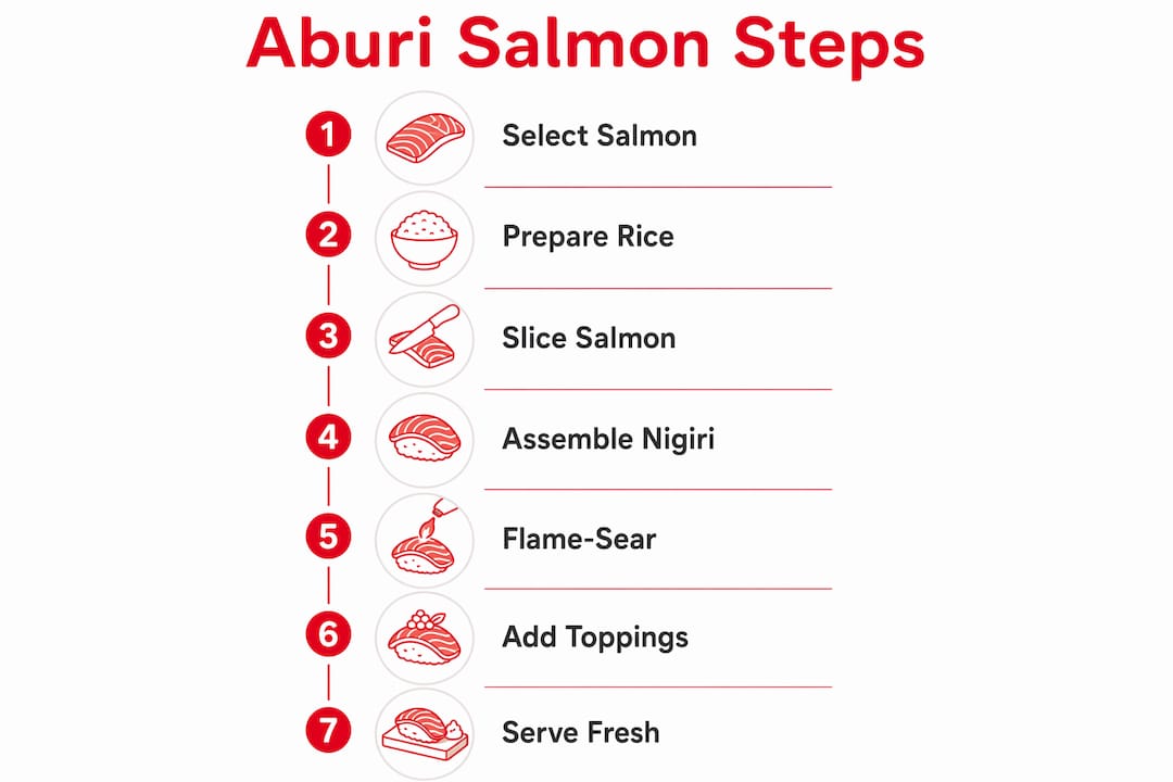 Infographic showing step-by-step aburi salmon preparation process