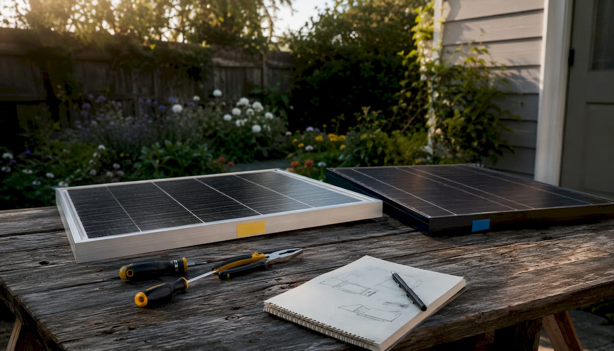 Hands comparing two solar panels indoors