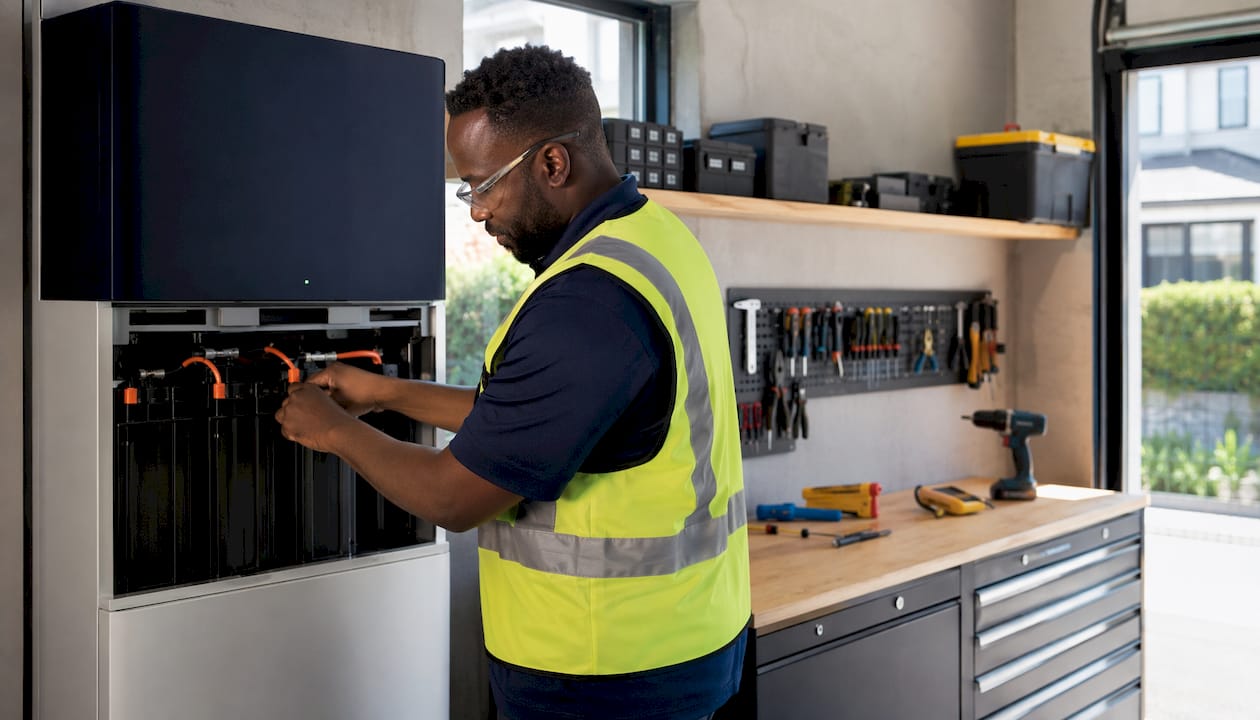 Technician installing solar battery indoors