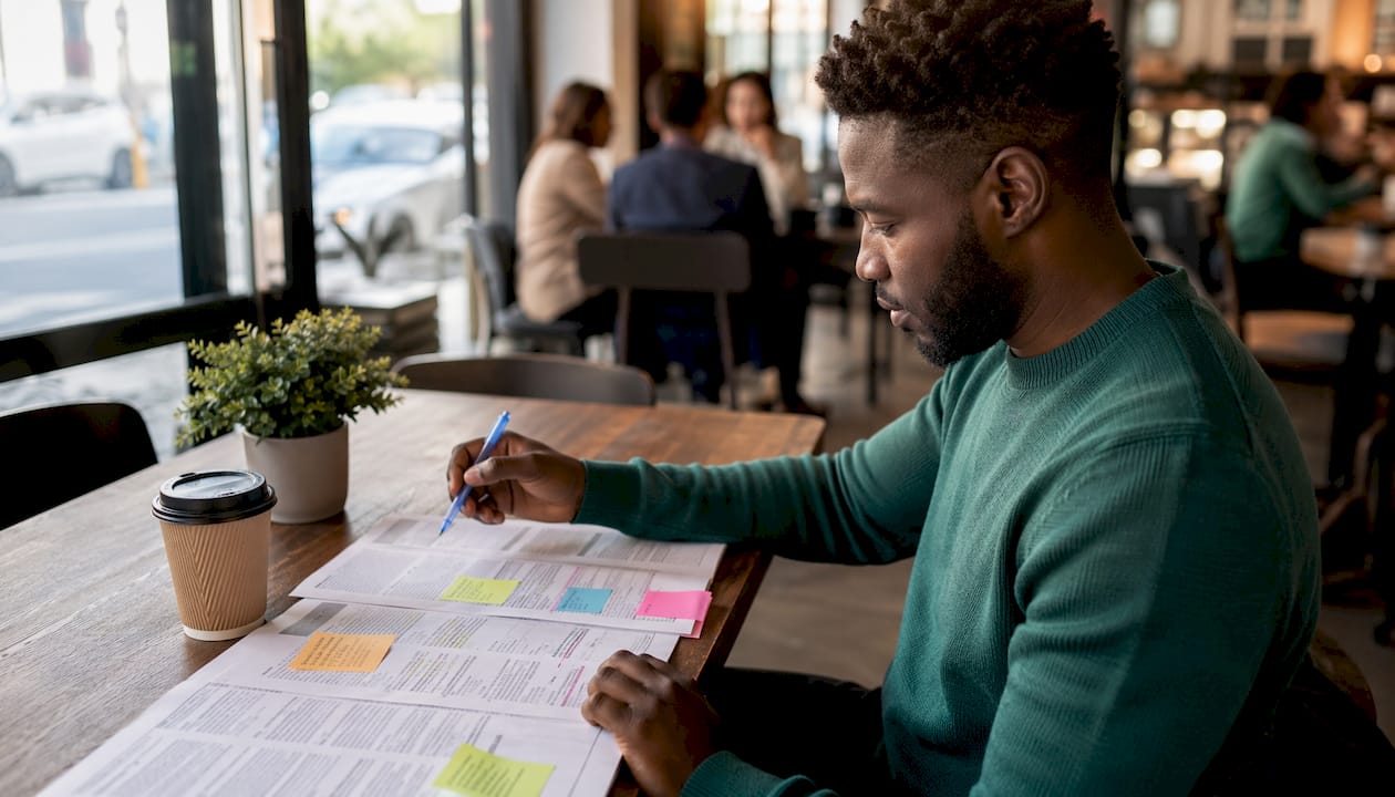 Hands reviewing highlighted job advert document