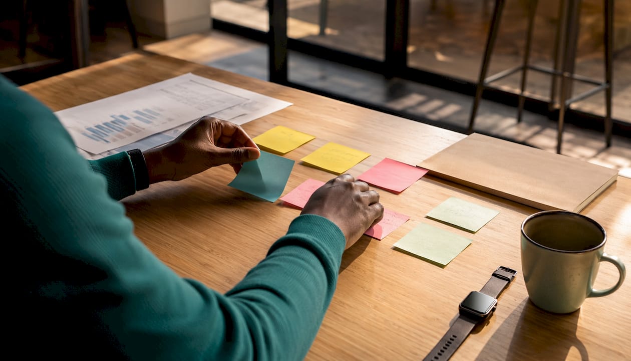Hands organizing job ad pricing factors notes