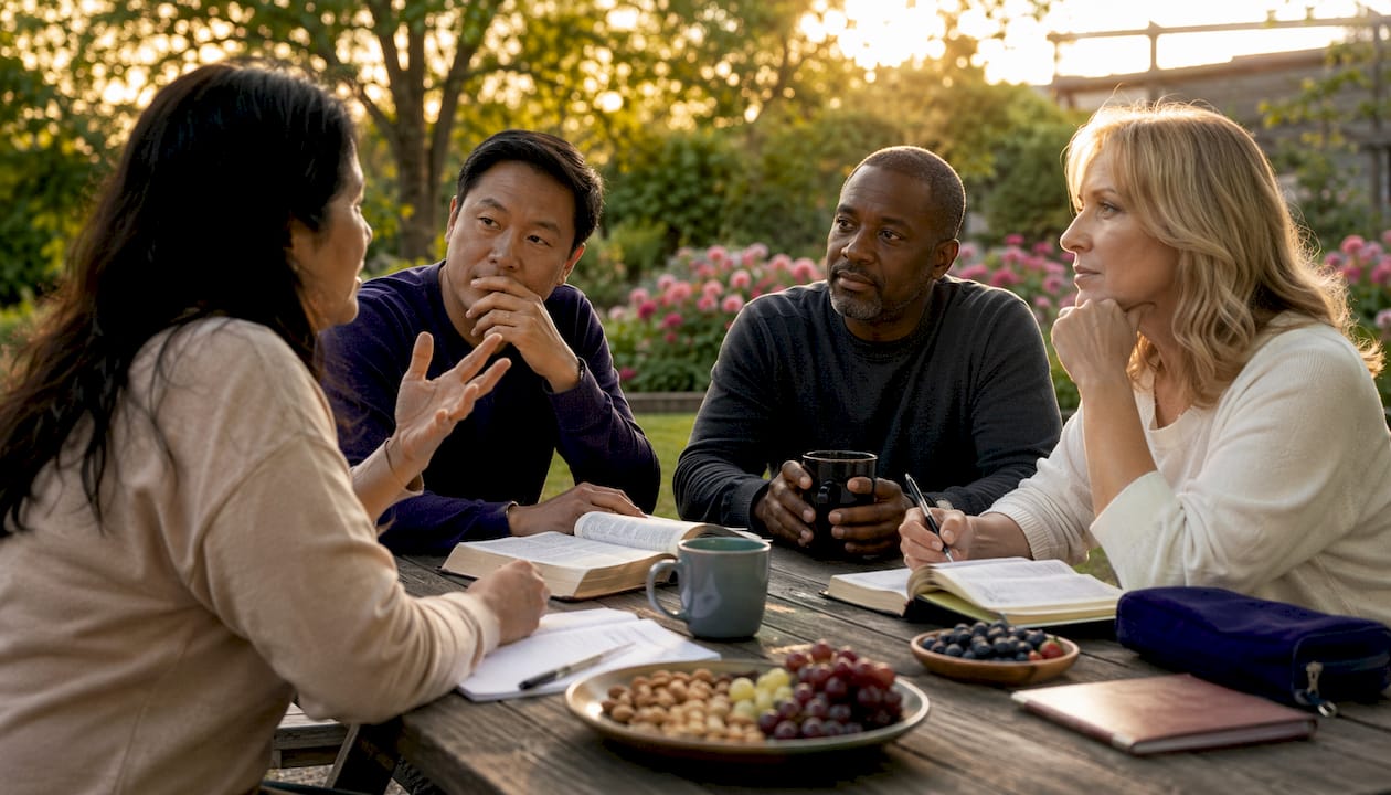 Small group discussing topical Bible study in cafe