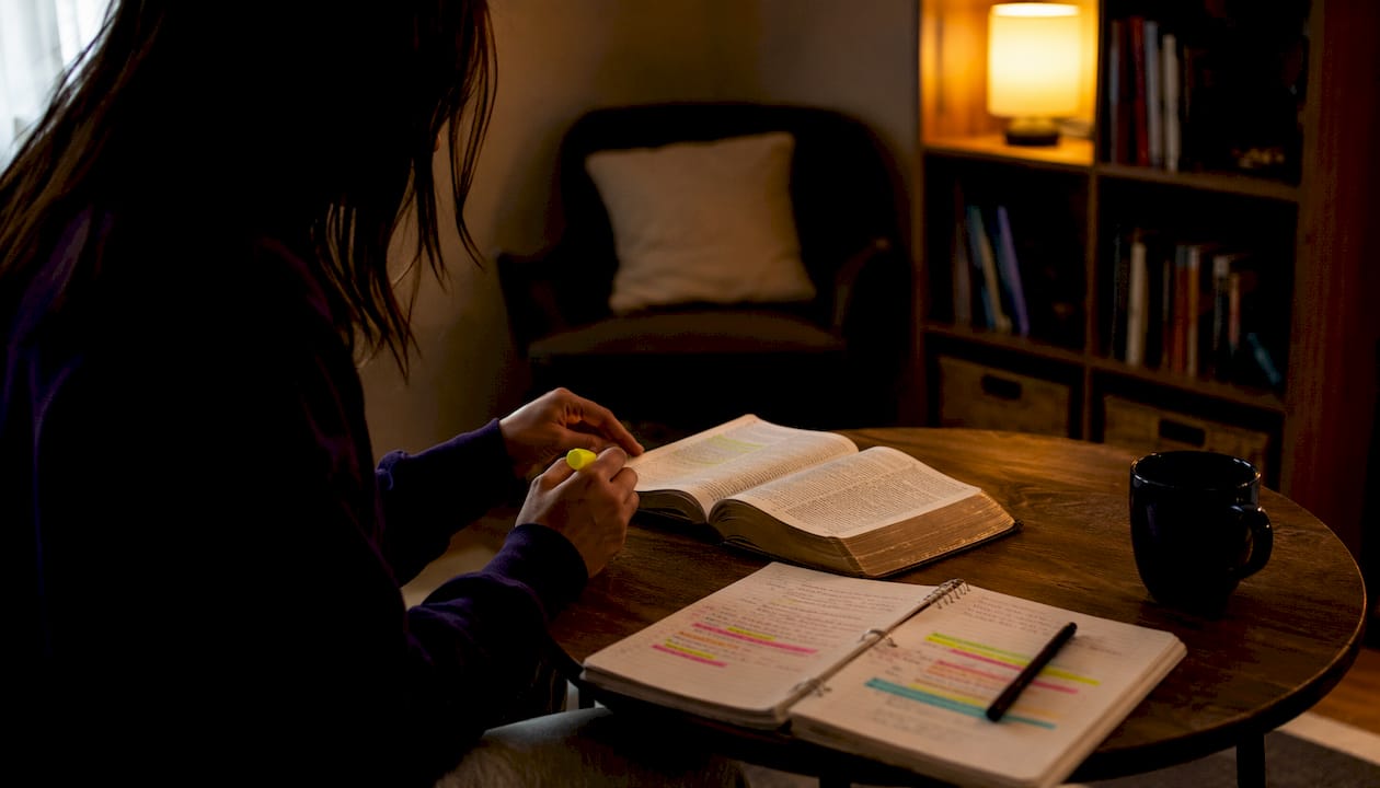 Hands with Bible study app, concordance, and Bible