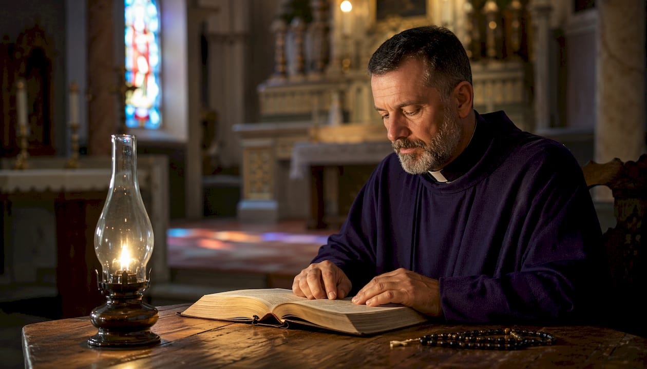 Catholic priest reflecting in study