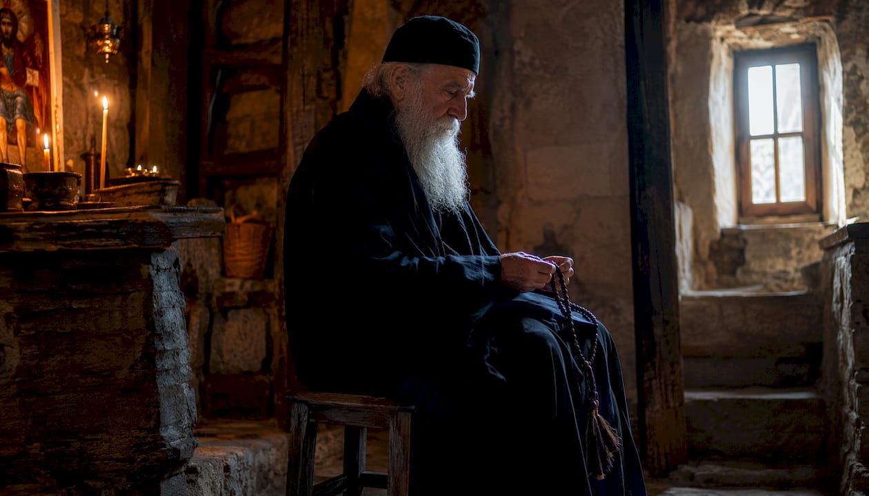 Orthodox monk praying with compassion