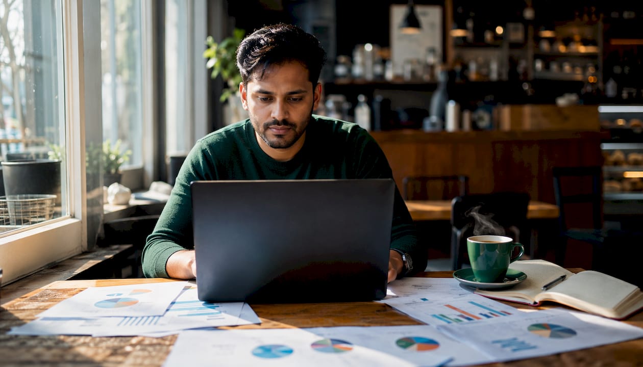Ein Datenanalyst arbeitet konzentriert am Laptop und schreibt eine SQL-Abfrage.