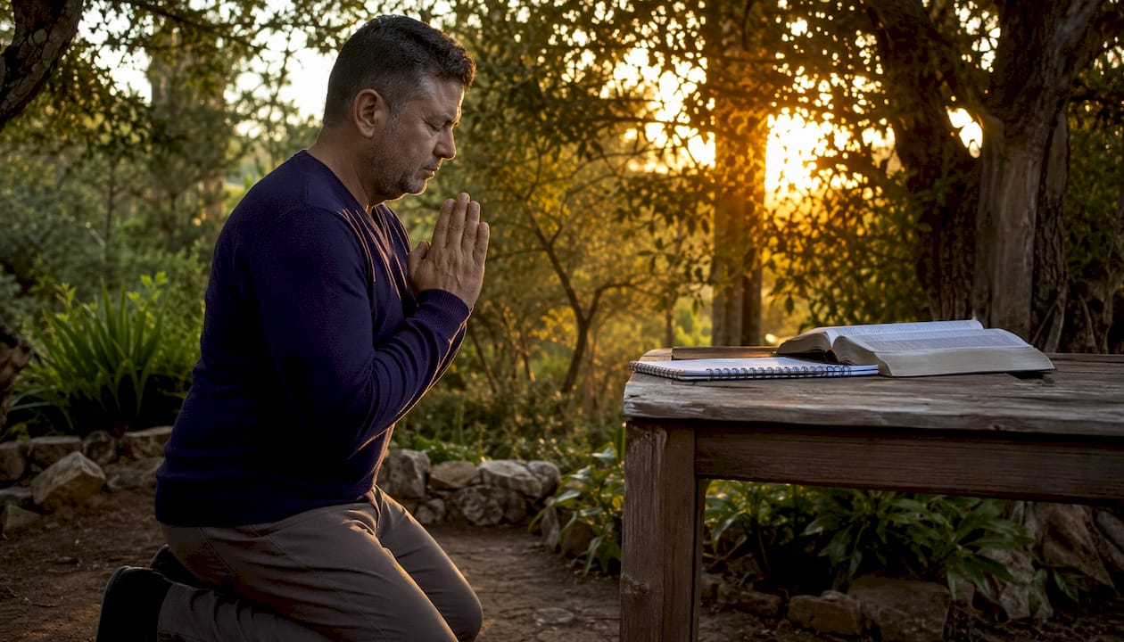 Un hombre se recoge en oración, mostrando profunda devoción en su pequeño espacio dedicado a la fe.