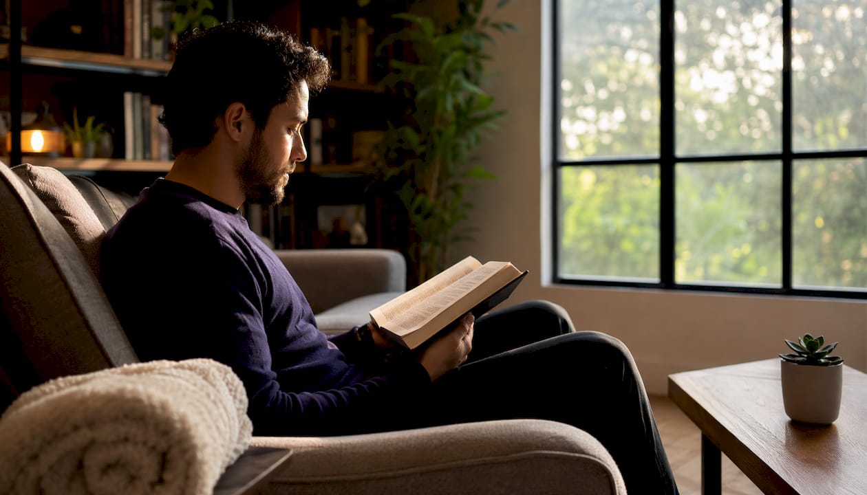 Unas manos sujetan una Biblia sobre la mesa de una cafetería