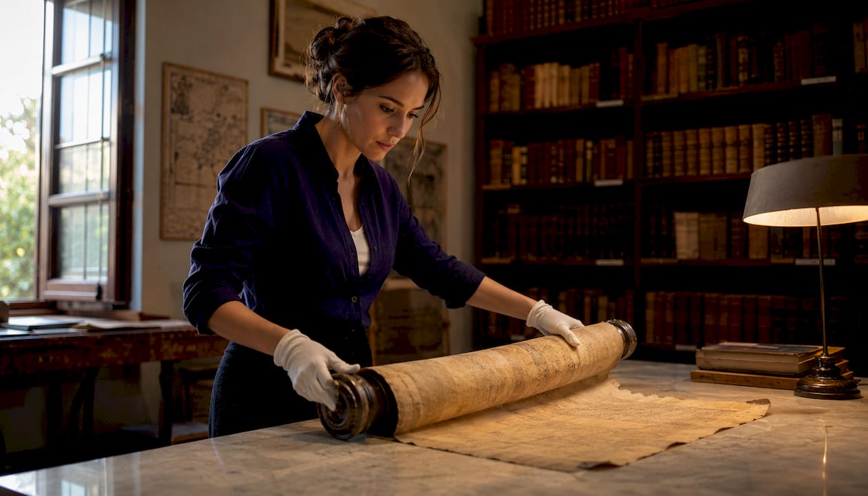 Unas manos desenrollan cuidadosamente un antiguo pergamino de la Biblia sobre una mesa de madera.