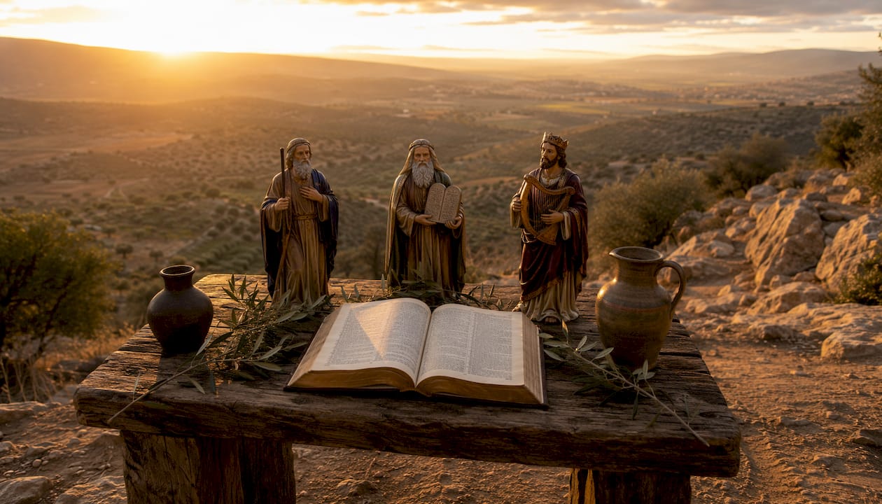 Altar de piedra adornado con figuras bíblicas y una Biblia abierta.