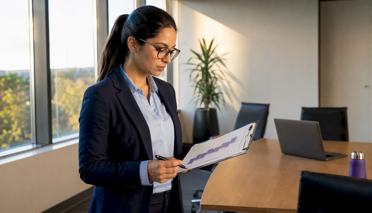 Female engineer studying career ladder chart indoors