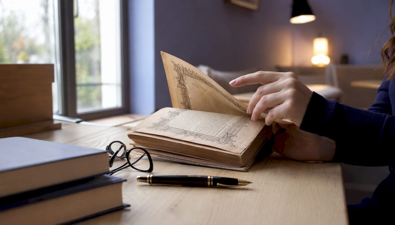 Una mano sfoglia con delicatezza le pagine ingiallite di un antico libro, soffermandosi sul Salmo 91.