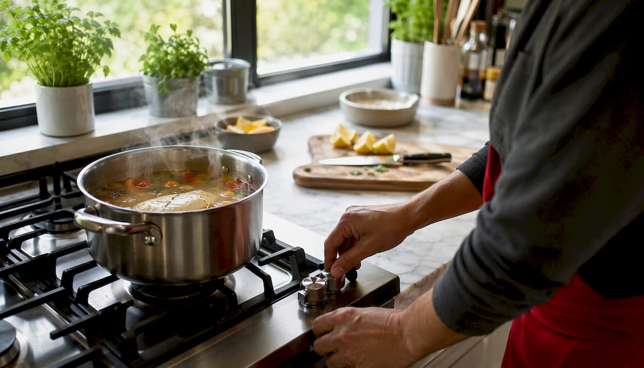Hands adjusting stove while fish poaches in broth
