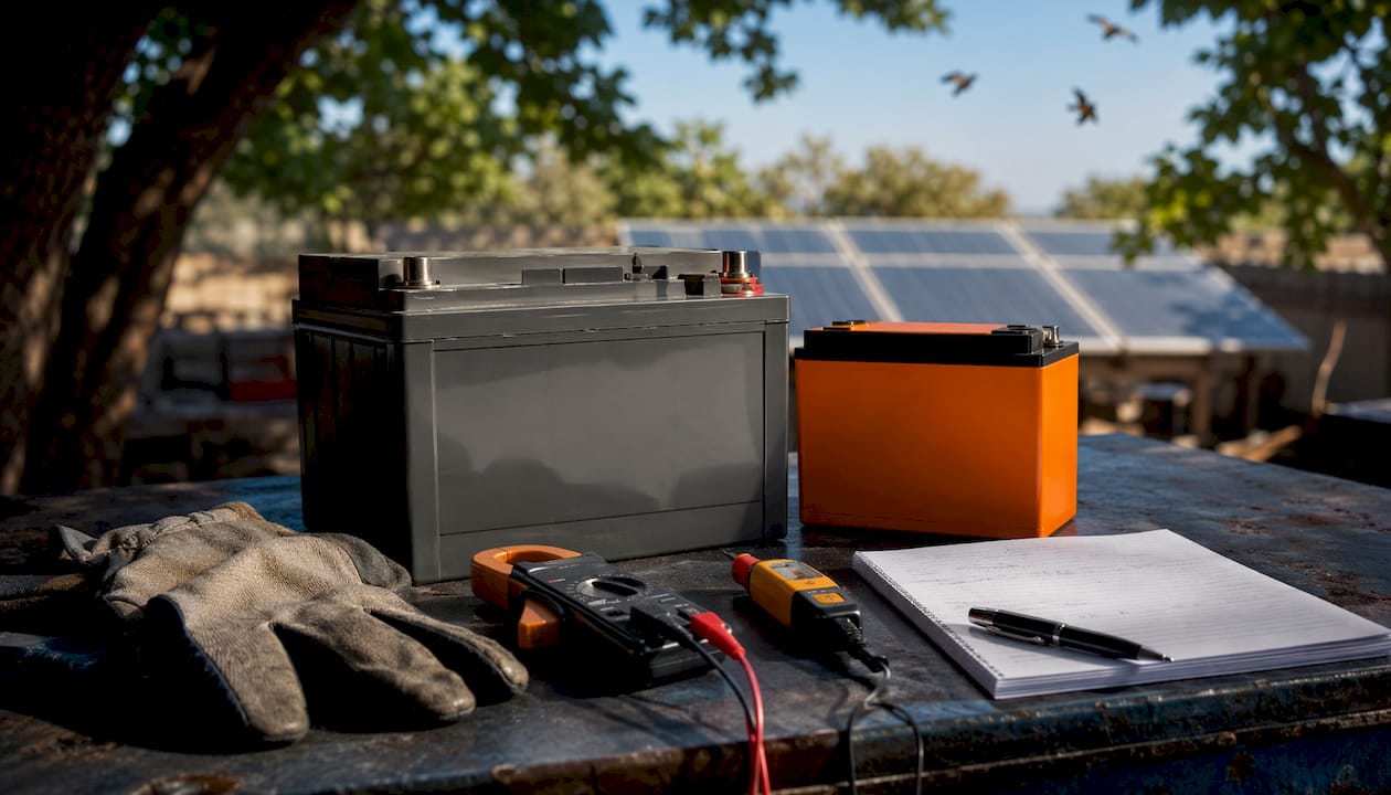 Overhead view of lead-acid and lithium solar batteries