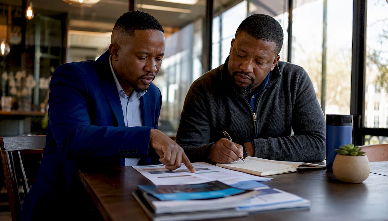 Two men searching government tenders at table