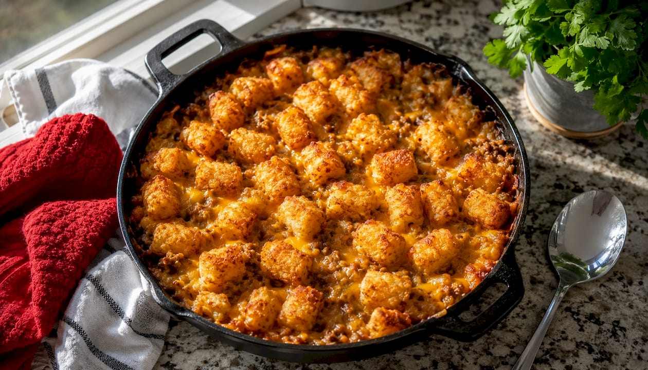 Close-up of baked tater tot casserole dish