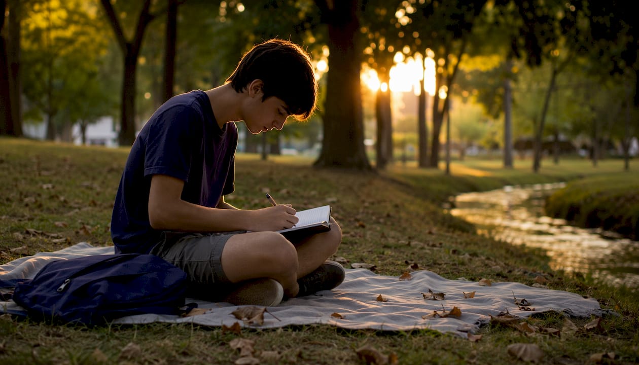 Adolescente escribiendo en su cuaderno versículos de la Biblia mientras disfruta de la tranquilidad del parque.