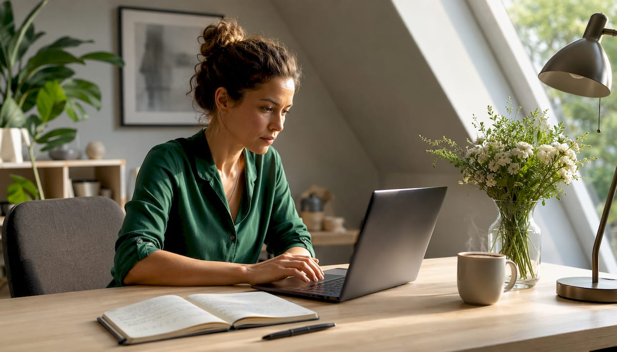 Eine Frau übt zu Hause am Laptop, wie man Excel-Filter richtig anwendet.