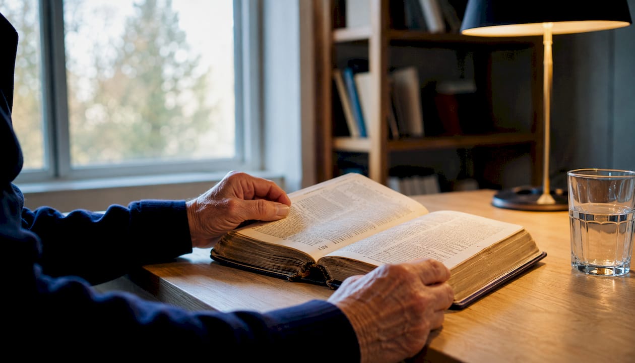 Una mano anziana poggia delicatamente su una Bibbia consumata dal tempo, illuminata dalla luce calda di una candela accesa.
