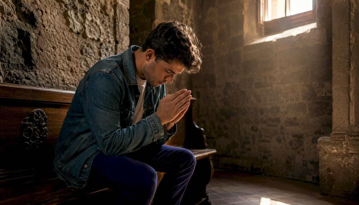 Un ragazzo assorto nella preghiera, seduto su una delle panche della chiesa.