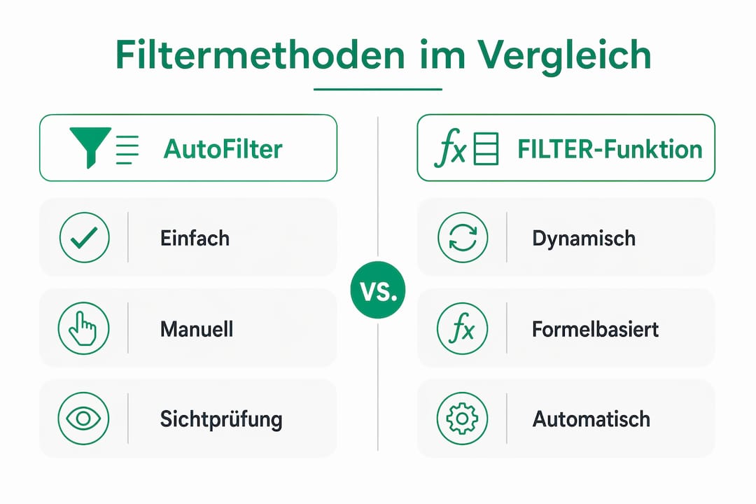 Die Infografik veranschaulicht die Unterschiede zwischen dem AutoFilter und der FILTER-Funktion.