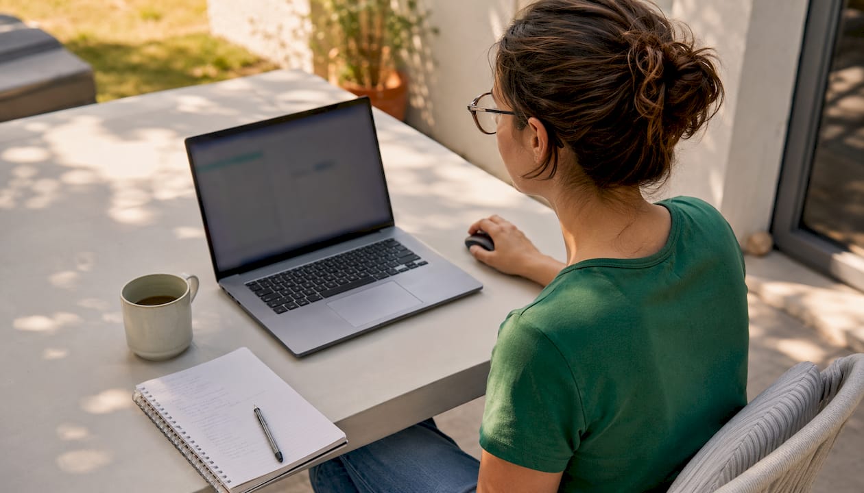 Eine Frau vertieft sich am Laptop spielerisch in die Welt von Excel und lernt dabei interaktiv neue Funktionen kennen.