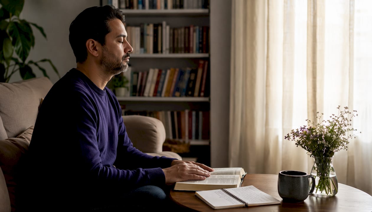 Un hombre reflexiona en su estudio, acompañado de una Biblia y un cuaderno de notas.