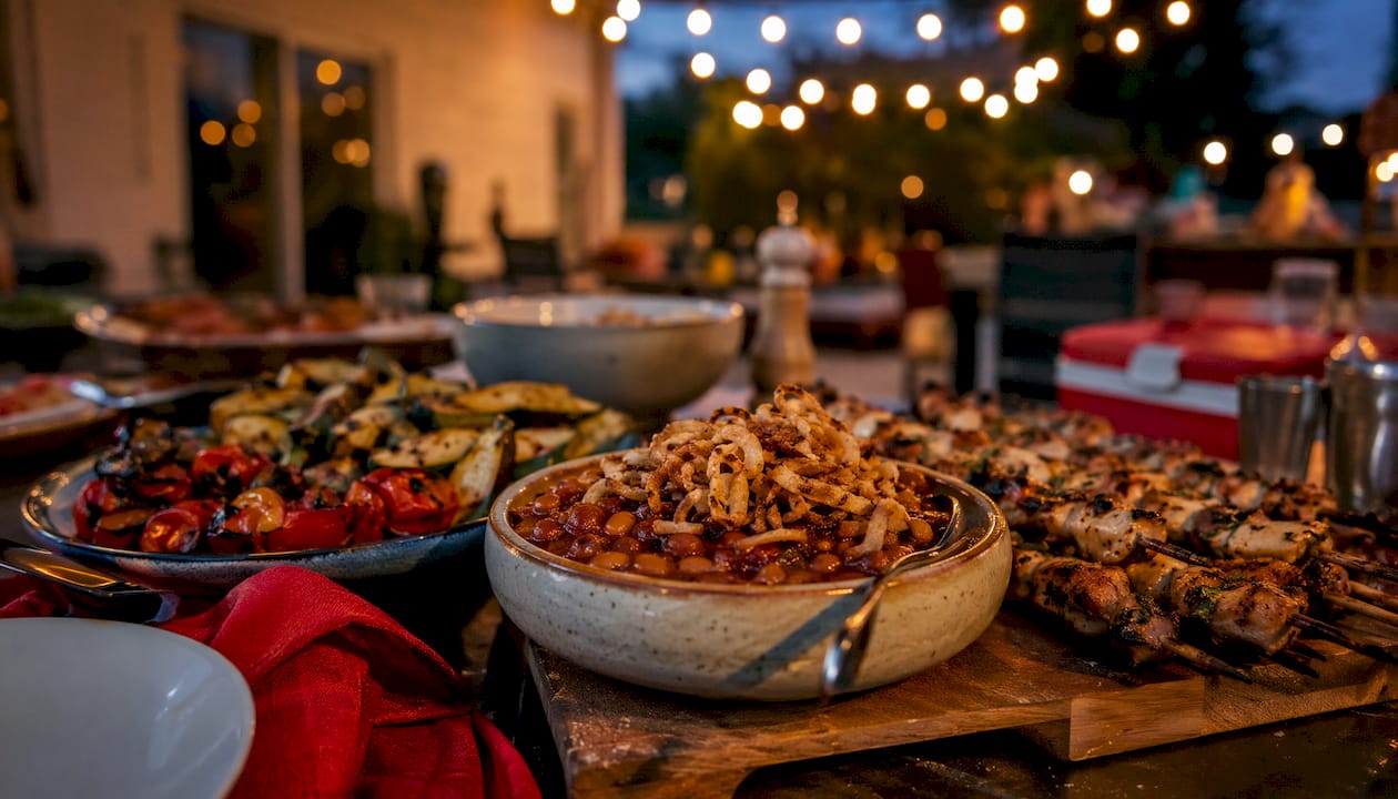 Barbecue baked beans with smoked ribs and sausages