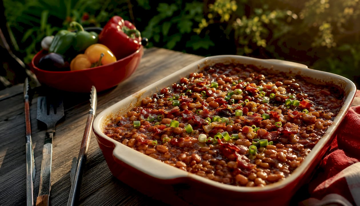 Oven-baked barbecue beans in ceramic dish