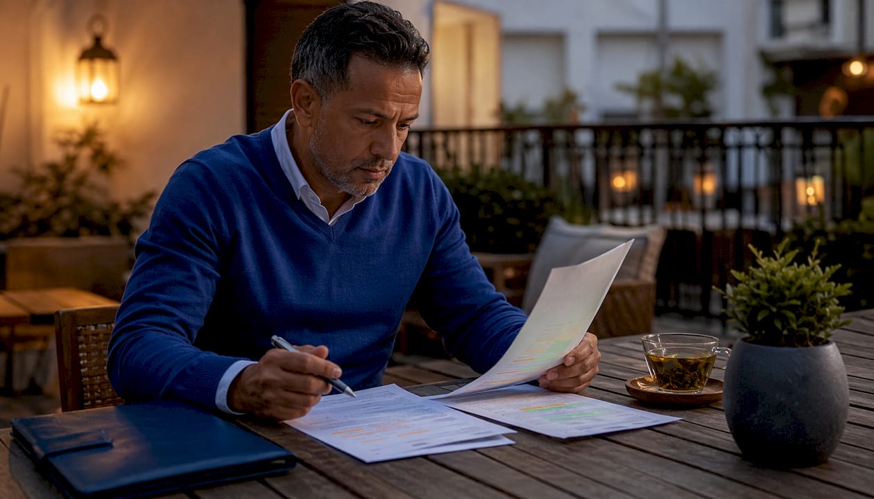 Businessman comparing quote and tender documents at café