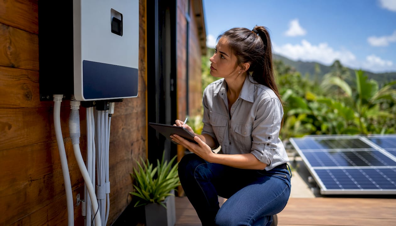 Technician inspecting hybrid inverter on roof