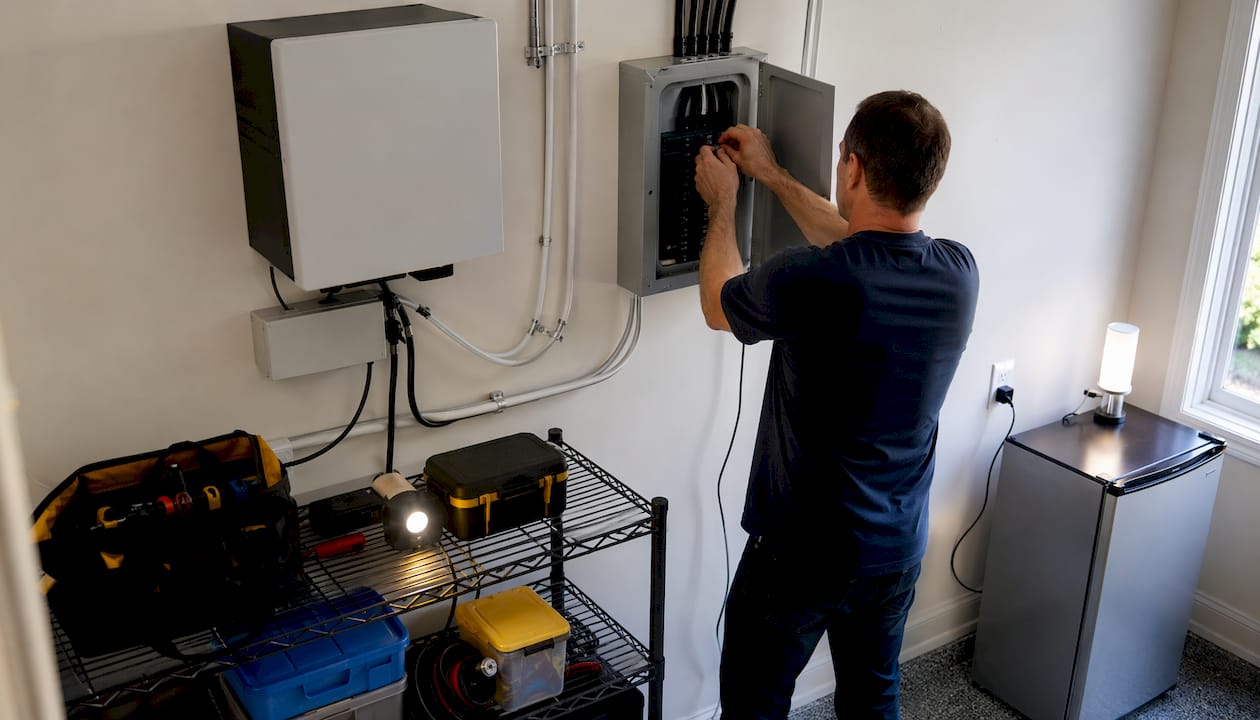 Homeowner connecting appliances to backup power panel