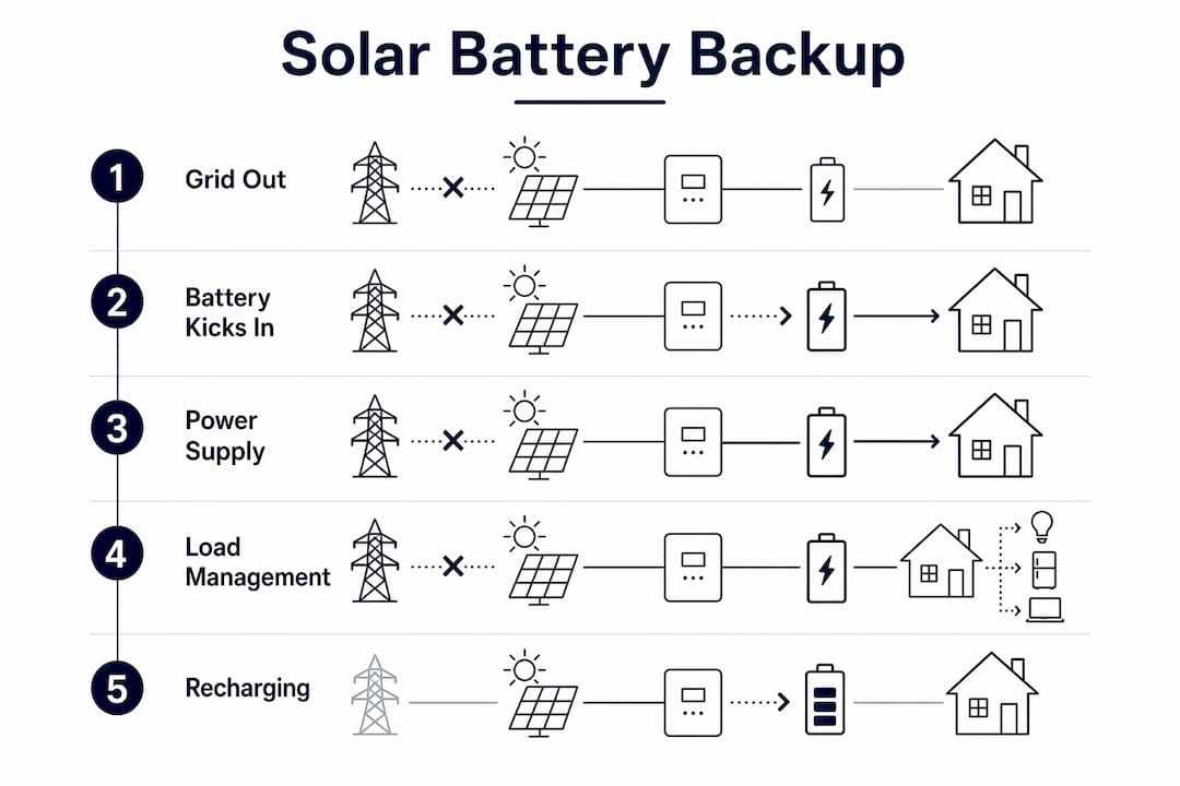 Infographic depicting solar battery backup process steps