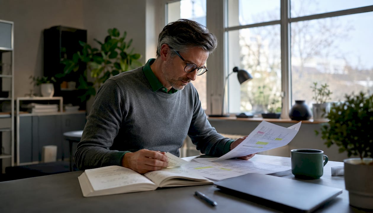 Ein Mann sitzt am Schreibtisch und prüft sorgfältig SQL-WHERE-Klauseln.
