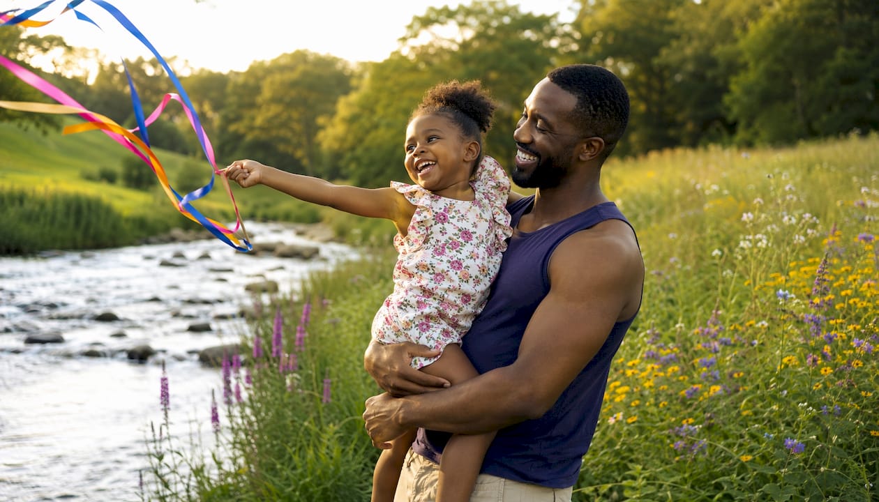 Un padre juega al aire libre levantando a su hija en brazos, ambos con una sonrisa de felicidad.