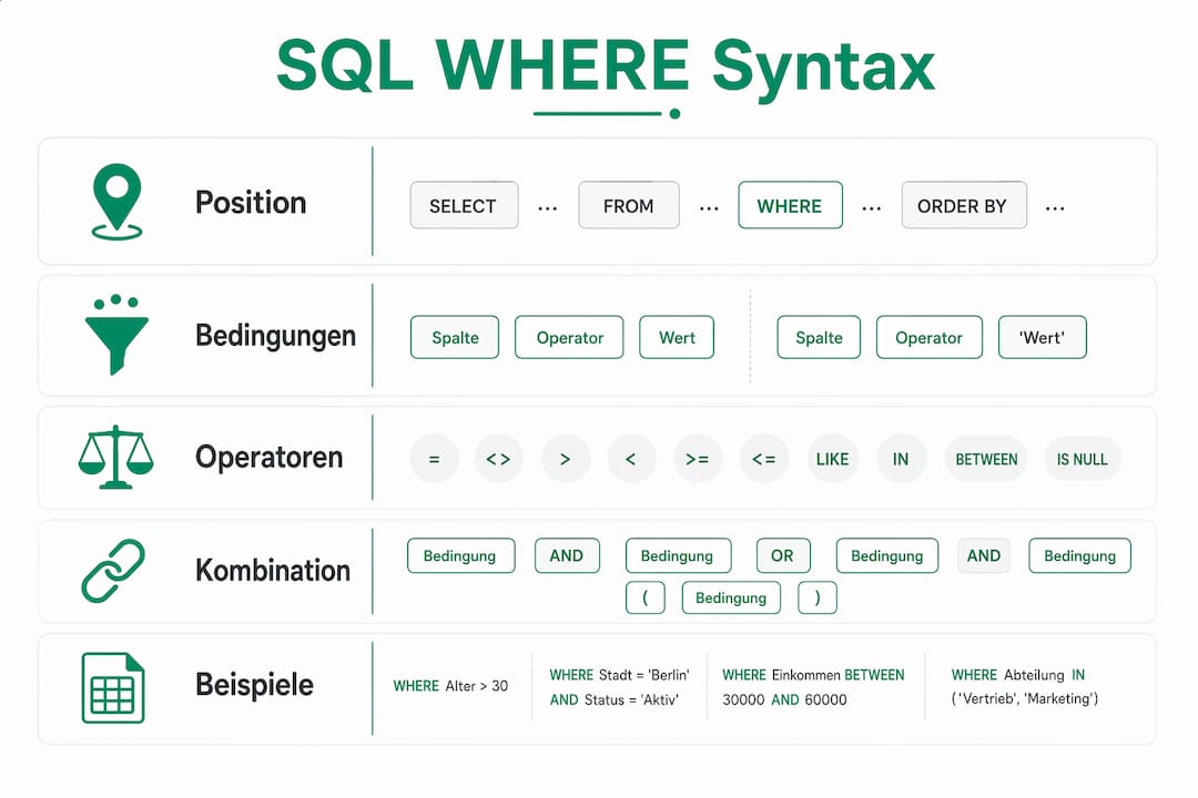 Schritt-für-Schritt-Infografik: So funktioniert die SQL WHERE-Klausel