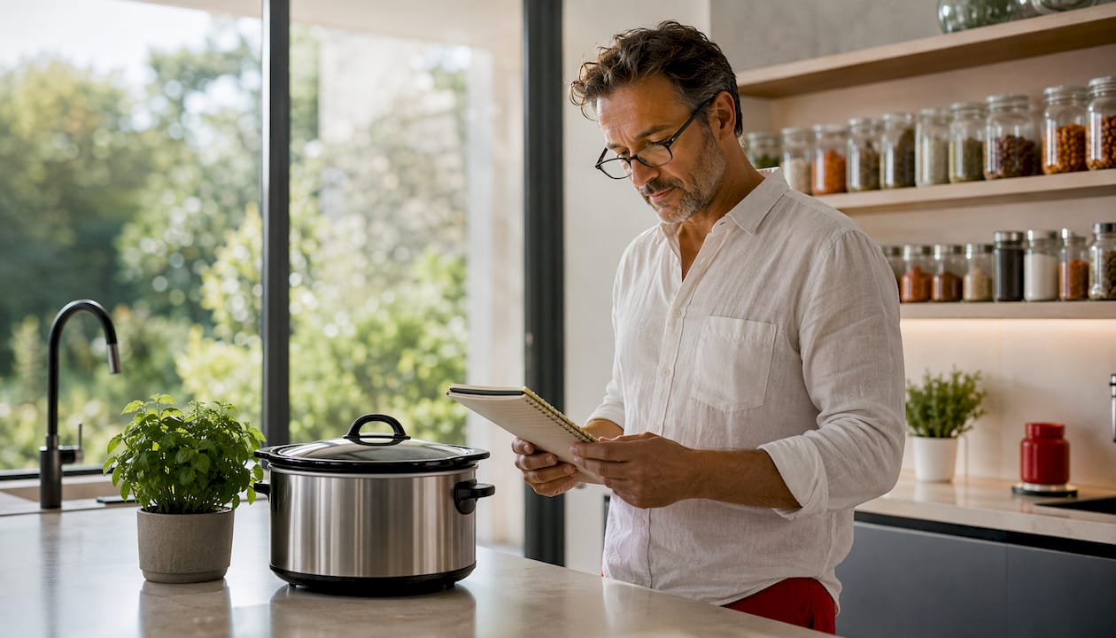 Nutritionist preparing slow cooker meal notes in kitchen