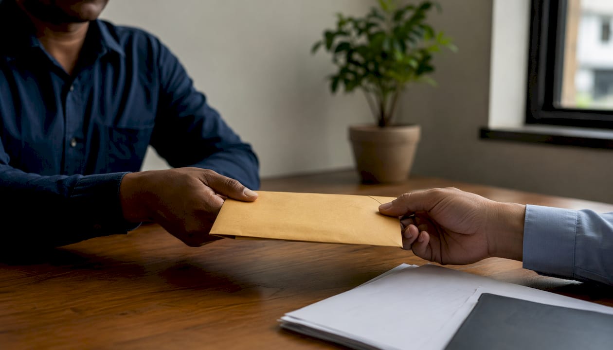 Hands exchanging envelope symbolizing bribery