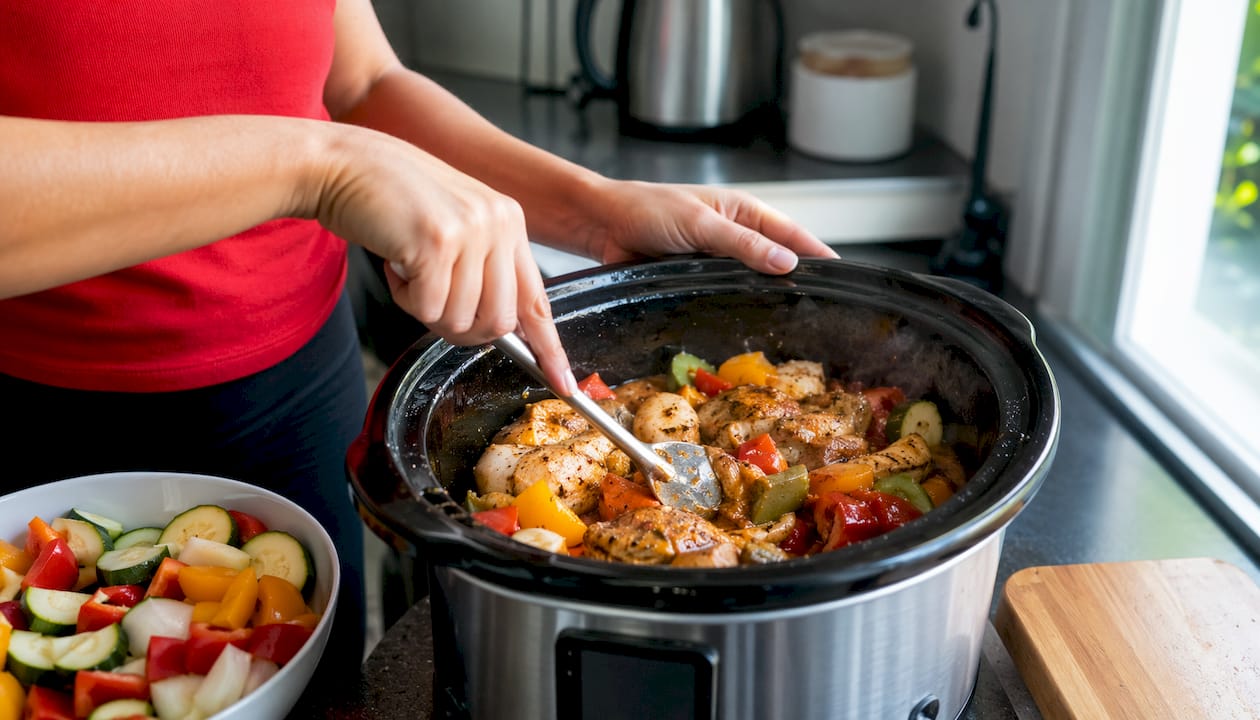 Hands stirring lean-protein dish in slow cooker