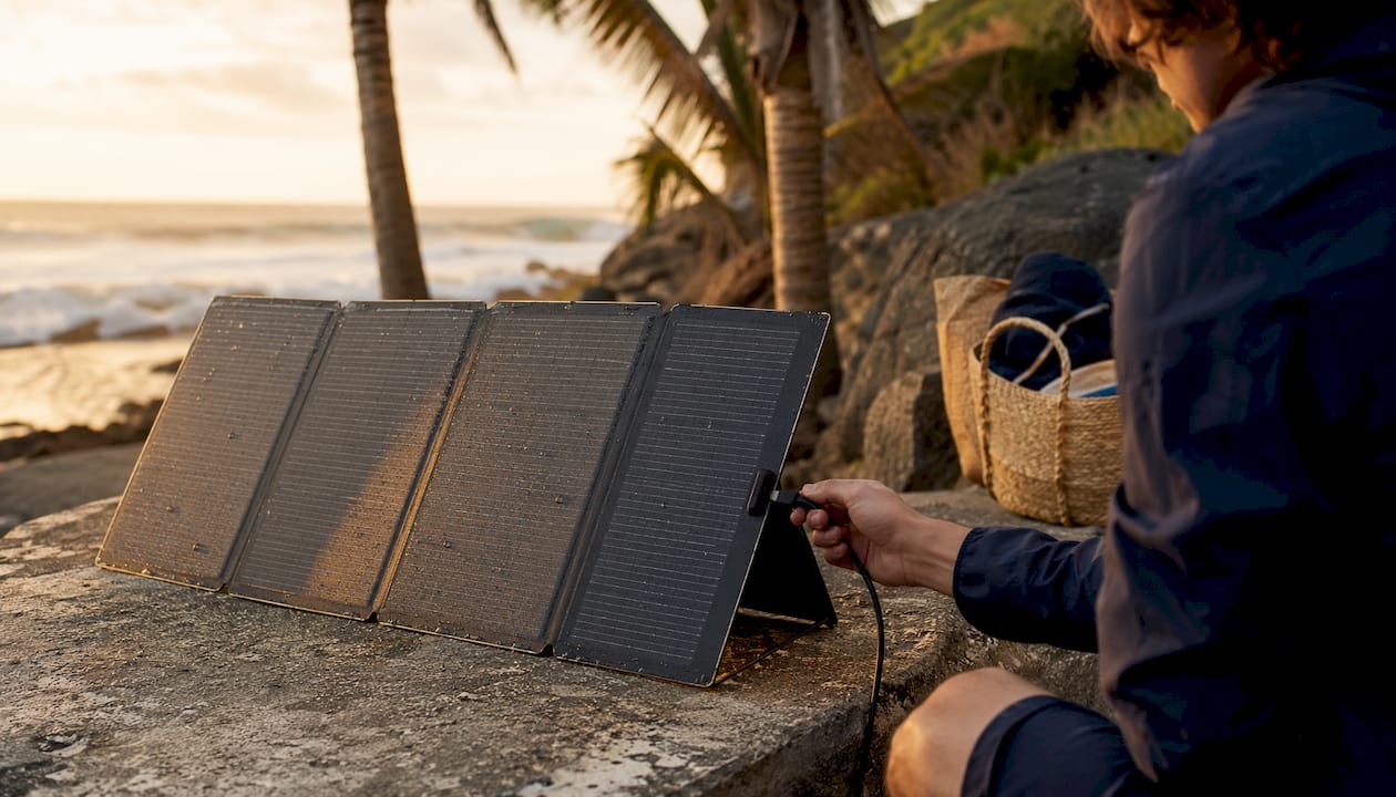 Close-up of EcoFlow solar panel and hand connecting it