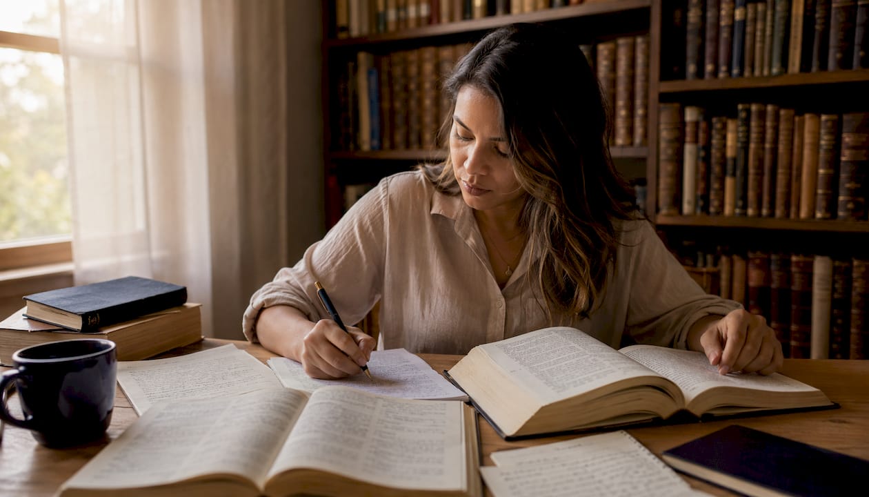 Personas tomando apuntes mientras estudian textos bíblicos en griego
