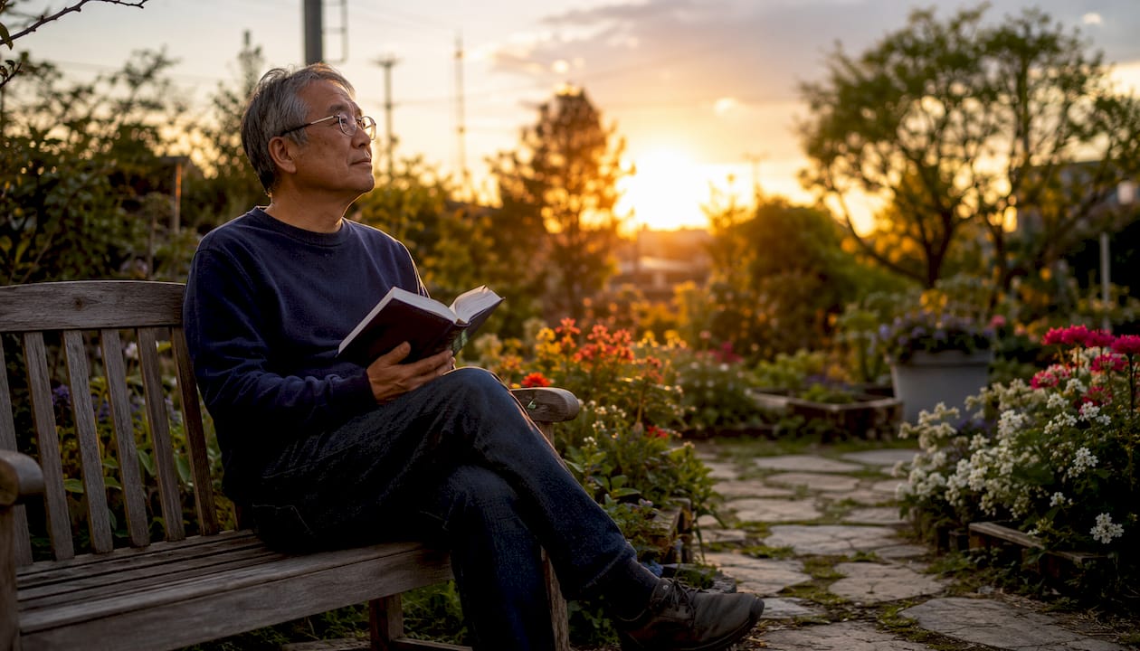Hombre sentado en un parque, meditando mientras lee su Biblia