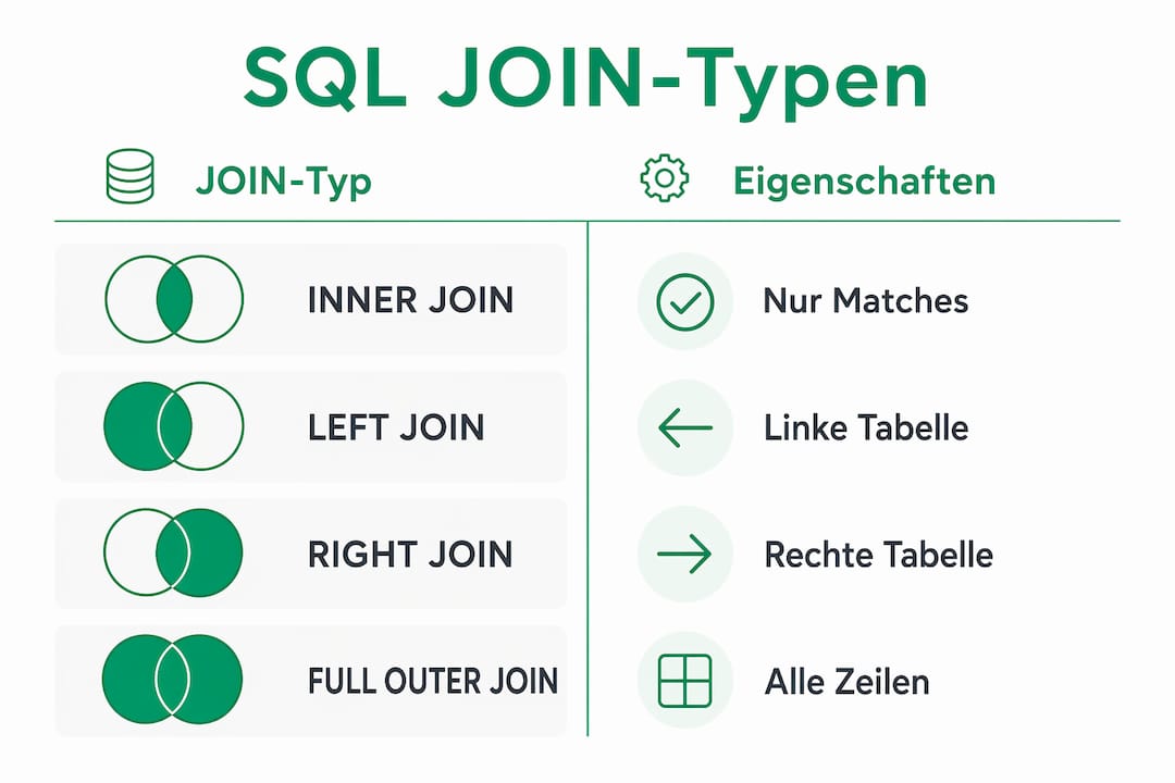 Infografik: Die wichtigsten SQL JOIN-Arten im Überblick – Eigenschaften und Unterschiede auf einen Blick