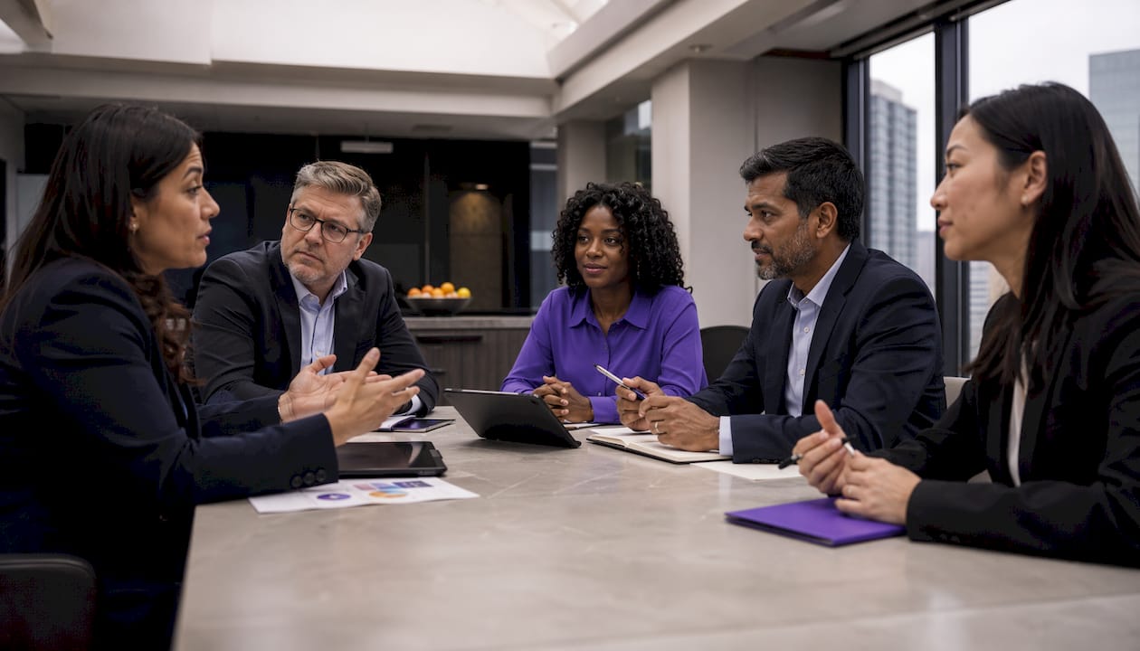 Finance team discussing CFO pay at conference table