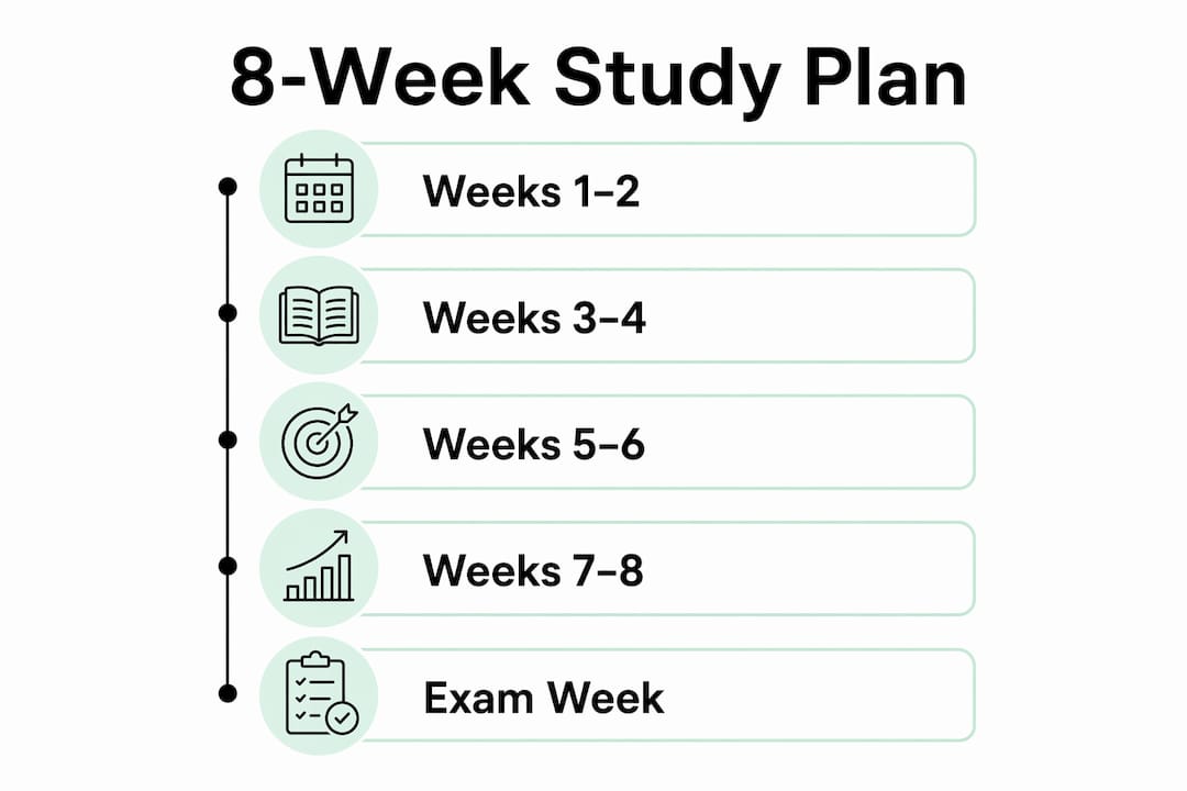 Vertical flow infographic of 8-week spaced repetition plan