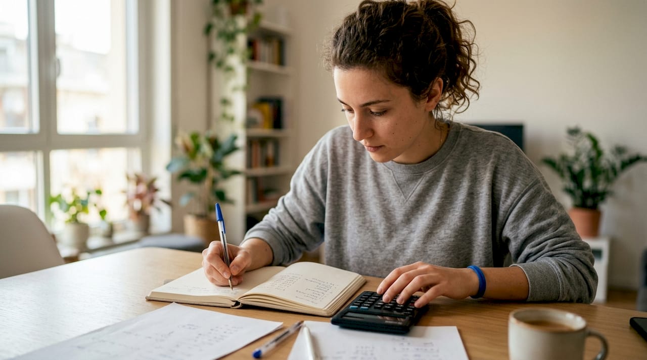 Mani femminili che digitano sulla calcolatrice tra appunti e documenti d’ufficio