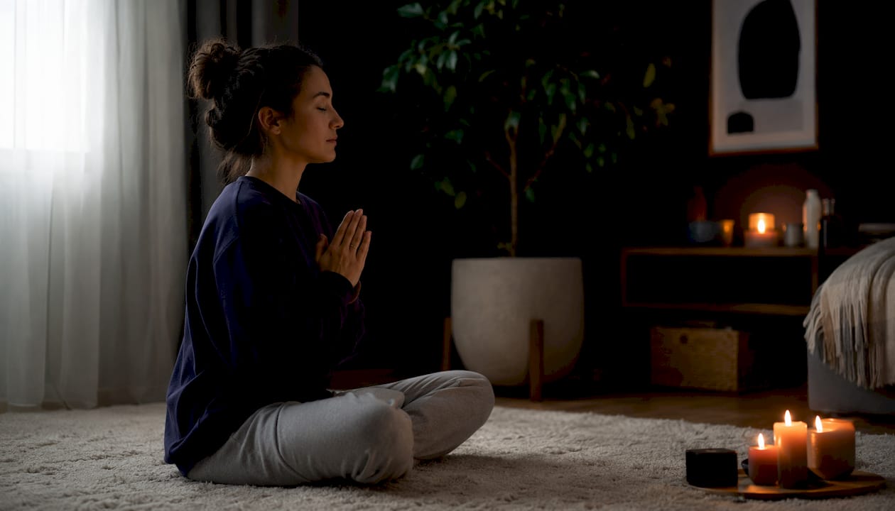 Woman praying quietly in home prayer corner