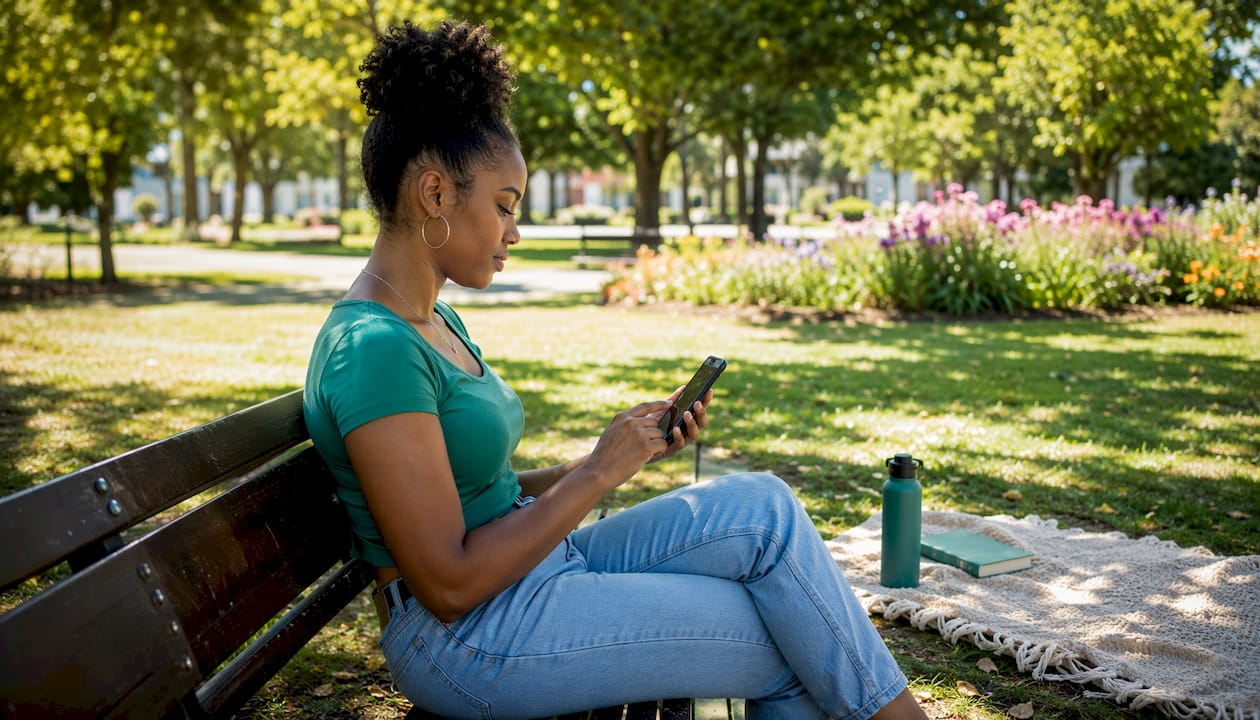 Young woman applying for job using WhatsApp outdoors