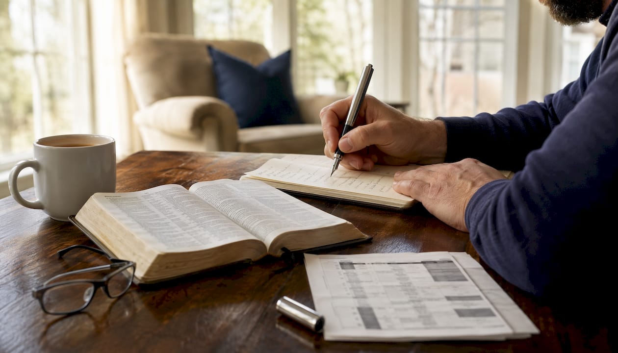 Hands writing Bible study notes with open Bible and plan